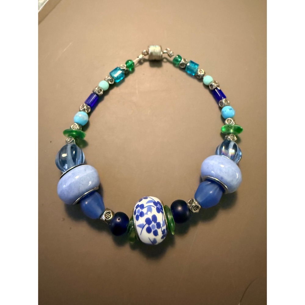 Handmade‎ Blue Glass Ceramic Floral Bead Magnetic Bracelet Boho Eclectic